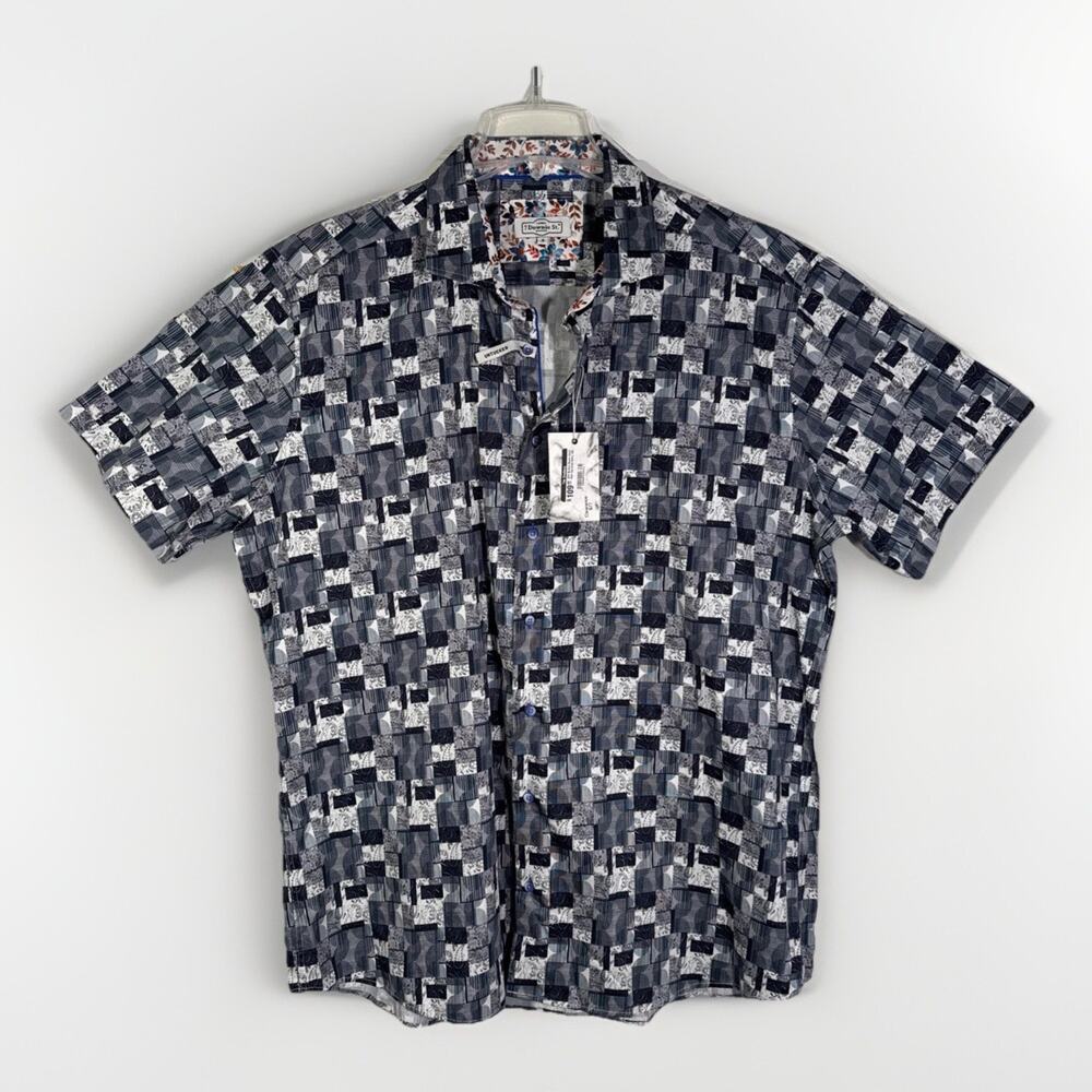 NWT 7 Downie St Mens 8 (3XL) Navy Blue Floral Cotton Short Sleeve Button Shirt